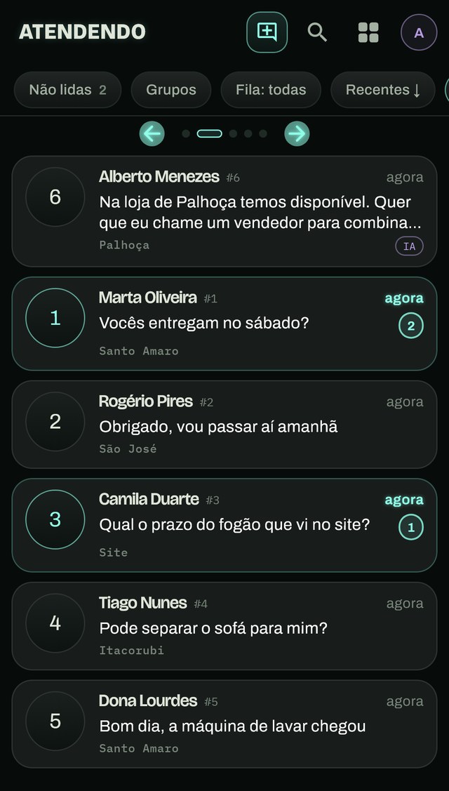 TalkZapp no celular: lista de conversas com a fila de cada uma